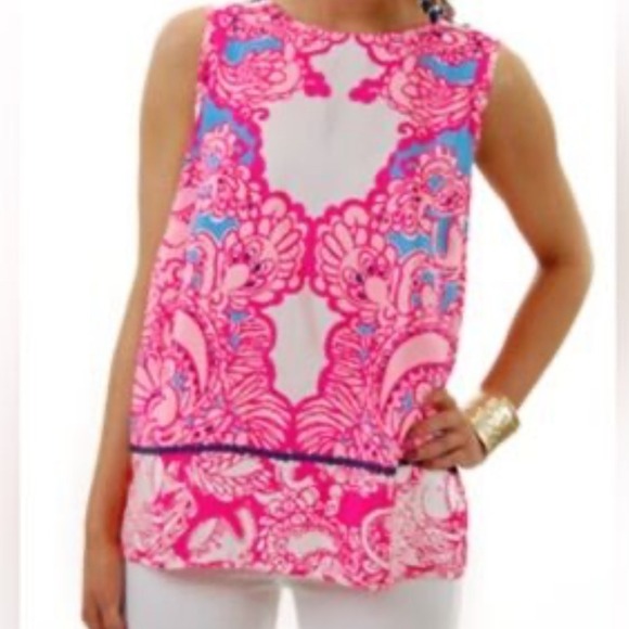 Lilly Pulitzer 100% Silk Tank Top Sleeveless Pink Blue Print Blouse Womens Large - Picture 2 of 7
